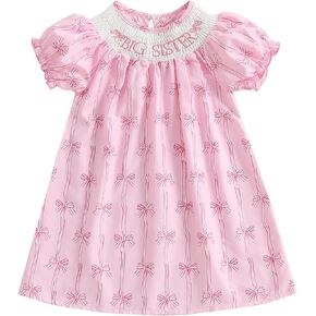 Baby Sister Big Sister Matching Outfits Puff Short Sleeve Letter Plaid Smocked Princess Dress/Bubble Romper Summer