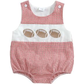 Infant Boy Girl Football Romper Newborn Baby Plaid Print Sleeveless Rompers Embroidery Golf Smocked Bodysuit Tops in Kuwait