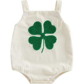 Lesimsam Newborn Baby Girl St Patricks Day Outfit Sleeveless Clover Overall Bubble Romper Suspender Jumpsuit Bodysuit