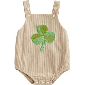 Lesimsam Newborn Baby Girl St Patricks Day Outfit Sleeveless Clover Overall Bubble Romper Suspender Jumpsuit Bodysuit