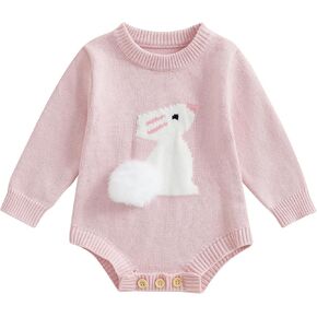 MoZiKQin Baby Girl Boy Easter Outfit Bunny Knitted Sweater Romper Crewneck Long Sleeve Jumpsuit Cute Spring Clothes