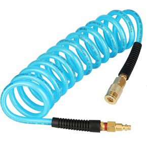 YOTOO Reinforced Polyurethane Recoil Air Hose 1/4" Inner Diameter by 10' Long, Heavy Duty, Flexible Air Compressor Hose with Bend Restrictor, 1/4" Swivel Industrial Quick Coupler and Plug, Blue