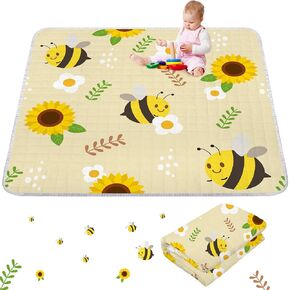 Wesiti Bee Sunflower Portable Baby Play Mat 50 x 50 Washable Foldable Crawling Mat Non Slip Cushioned Kids Play Mats Pad for Floor Playpen Toddler Infants Tummy Time Activity