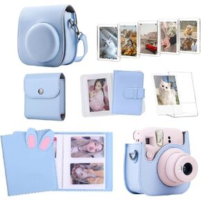 Frankmate Protective Camera Case Compatible with Fujifilm Mini 12 11 9 8 Instant Camera with 64 Pockets Mini Photo Album, PU Leather Bag Cover with Adjustable Shoulder Strap (White)