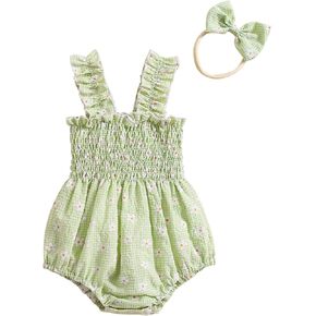 Kuriozud Newborn Baby Girl Smocked Bubble Romper Floral Halter Jumpsuit Headband Outfit Infant Clothing Cute Summer Clothes
