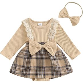 MERSARIPHY Baby Girl Fall Winter Outfits Newborn Plaid Romper Dress Infant Long Sleeve Lace Ruffle Ribbed Knit Clothes Set