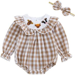 FYBITBO Newborn Baby Girl Outfits Smocked Long Sleeve Bubble Romper Plaid Bodysuit Jumpsuit Headband Infant Clothes Set
