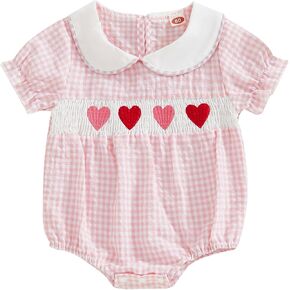Newborn Baby Girl Smocked Romper Heart Embroidery Peter Pan Collar Short Sleeve Bubble Bodysuit Valentines Outfit