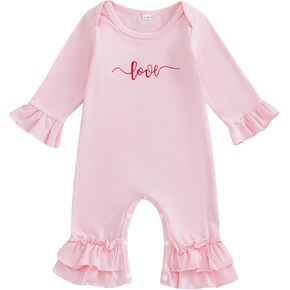 My First Valentines Day Baby Girl Outfit Newborn Ruffle Long Sleeve Letter Print Romper Infant One Piece Outfit