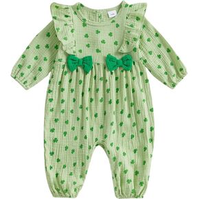St Patricks Baby Girl Outfit Green Clover Bow Long Sleeve Romper Bodysuits Jumpsuits Spring Newborn Girl Clothes
