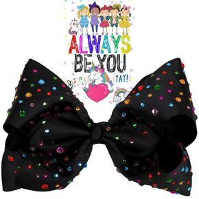 Worldly Finds Hair Clip - Rhinestone Large 8 Inch Bow - Blue, Sky Blue, Pink, Rainbow - Hair Accessories for Girls, Toddlers, Cheer Bows, Large Ribbon Fashion Hair Bow Accessories