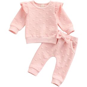 Toddler Baby Girl Valentines Day Outfit Long Sleeve Love Heart Textured Ruffle Trim Sweatshirt Tops and Bow Pants Set