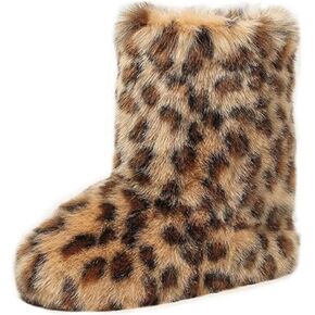 BININBOX Women's Faux Fur Boots Furry Fuzzy Fluffy Round Toe Suede Winter Snow Bootie Flat Shoes Puffy Warm Short Mid-Calf Boots for Outdoor Indoor Indoor