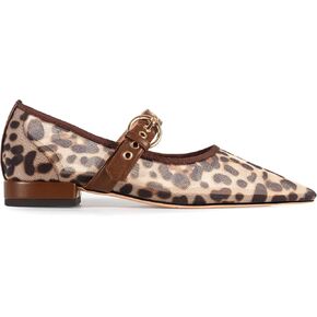 Women's Leopard Print Mesh Mary Jane Flats Rhinestone Sparkle Pointed Toe Comfortable Ballerina Shoes