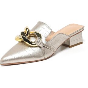Stratuxx Kaze Women's Chunky Heeled Mules Slip on Closed Pointed Toe Backless Loafers with Metal Chain for Women Size 6-10