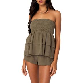 Bocymolay Women Strapless Peplum Top Ruffle Hem Tube Bandeau Top Backless Sleeveless Tank Top Summer Going Out