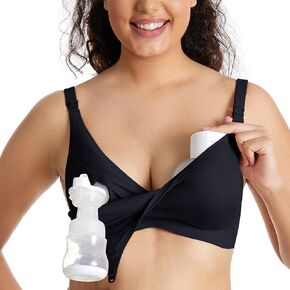 Momcozy Pumping Bra Hands Free, Comfortable Seamless Breast Pump Bra for All-Day Wear, Supportive Wireless Padded Pumping and Nursing Bra for Wearable Pump & Flanges, Suitable for Sizes 34B-44E Black