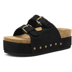 Women's Metallic Platform Sandals Cork Footbed Heeled Slides with Double Buckles Comfort Flatform Slippers