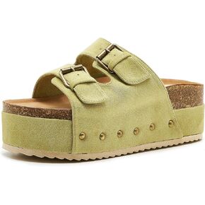 Women's Metallic Platform Sandals Cork Footbed Heeled Slides with Double Buckles Comfort Flatform Slippers