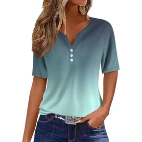 Womens Short Sleeve Summer Tops Casual V Neck Button Down Shirts Loose Fitted Boho Graphic Tees Fashion Ladies Tops