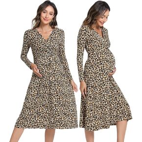 Women's Maternity Dress-Viscose Made from Bamboo, Long Sleeve V Neck Dress Baby Shower Pregnancy Dresses