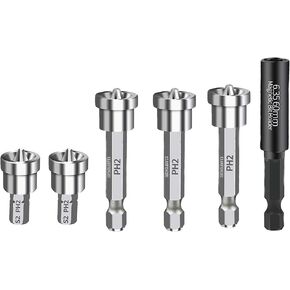 Magnetic Positioning Screwdriver Bits 6PCS, Drywall Screw Setter PH2 Bits for Plasterboard Sheetrock Screw 1/4 Inch Hex Shank Bit Batch Head with 60mm Extension Socket Drill Bit Holder.
