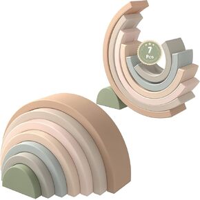 MCGMITT Rainbow Stacking Toy, Silicone Rainbow Stacker for Toddlers, Montessori Nesting Blocks, Building Creative Color Shape Matching Toy Set, 7 Layers (Brown)