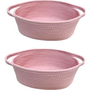 GiftExpress 2 Pack Pink Woven Basket - 13" x 8" x 5" Cotton Rope Organizing Baskets for Baby Items or Cat & Dog Toys - Cute Soft Gift Storage Bin w/ Handles