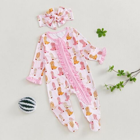 KMBANGI Newborn Baby Girl Western Outfits Ruffle Zipper Boots Footie Jumpsuit Long Sleeve One Piece Cowgirl Clothes 0-12M in Saudi Arabia