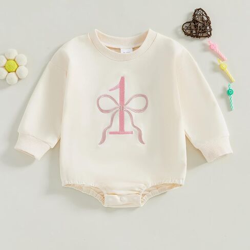 SOLILOQUY Baby Girl Birthday Outfits Pink Ribbon Bow 1 Embroidery Long Sleeve Sweatshirt Romper 1st Birthday Party in Saudi Arabia
