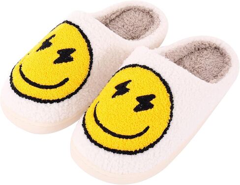 Retro Lightning Bolt Smile Face Slippers Soft Plush Comfy Warm Fuzzy Slippers Women's Cozy House Slippers in Kuwait