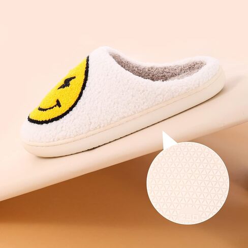 Retro Lightning Bolt Smile Face Slippers Soft Plush Comfy Warm Fuzzy Slippers Women's Cozy House Slippers in Kuwait