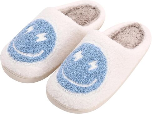 Retro Lightning Bolt Smile Face Slippers Soft Plush Comfy Warm Fuzzy Slippers Women's Cozy House Slippers in Kuwait