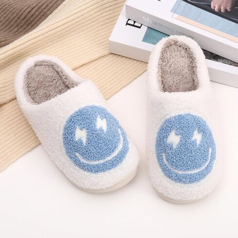 Retro Lightning Bolt Smile Face Slippers Soft Plush Comfy Warm Fuzzy Slippers Women's Cozy House Slippers in Kuwait