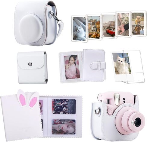 Frankmate Protective Camera Case Compatible with Fujifilm Mini 12 11 9 8 Instant Camera with 64 Pockets Mini Photo Album, PU Leather Bag Cover with Adjustable Shoulder Strap (White) in Saudi Arabia
