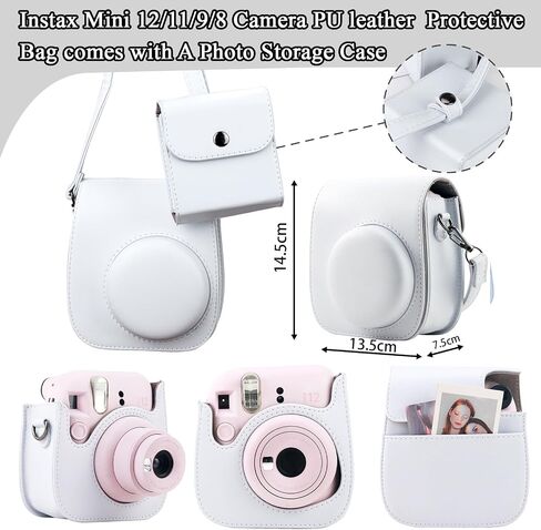 Frankmate Protective Camera Case Compatible with Fujifilm Mini 12 11 9 8 Instant Camera with 64 Pockets Mini Photo Album, PU Leather Bag Cover with Adjustable Shoulder Strap (White) in Saudi Arabia