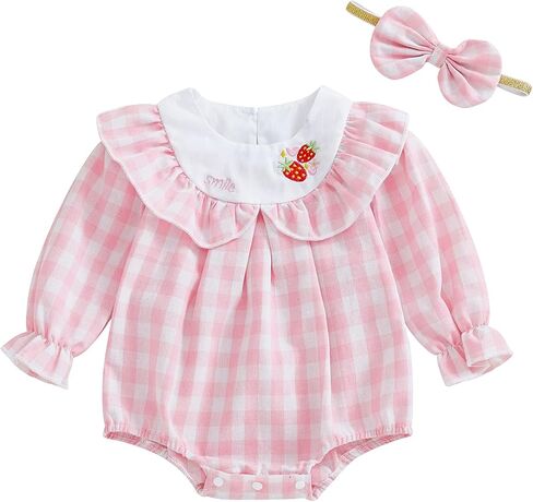 FYBITBO Newborn Baby Girl Outfits Smocked Long Sleeve Bubble Romper Plaid Bodysuit Jumpsuit Headband Infant Clothes Set in Saudi Arabia