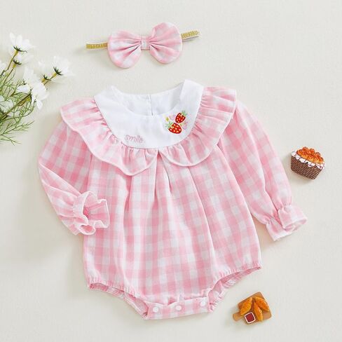 FYBITBO Newborn Baby Girl Outfits Smocked Long Sleeve Bubble Romper Plaid Bodysuit Jumpsuit Headband Infant Clothes Set in Saudi Arabia