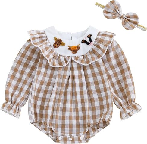 FYBITBO Newborn Baby Girl Outfits Smocked Long Sleeve Bubble Romper Plaid Bodysuit Jumpsuit Headband Infant Clothes Set in Saudi Arabia