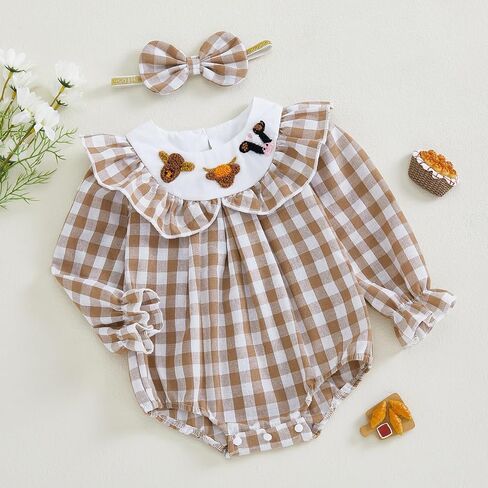 FYBITBO Newborn Baby Girl Outfits Smocked Long Sleeve Bubble Romper Plaid Bodysuit Jumpsuit Headband Infant Clothes Set in Saudi Arabia
