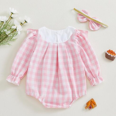 FYBITBO Newborn Baby Girl Outfits Smocked Long Sleeve Bubble Romper Plaid Bodysuit Jumpsuit Headband Infant Clothes Set in Saudi Arabia