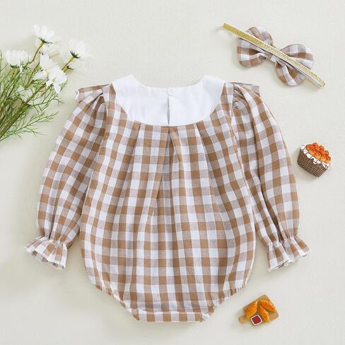 FYBITBO Newborn Baby Girl Outfits Smocked Long Sleeve Bubble Romper Plaid Bodysuit Jumpsuit Headband Infant Clothes Set in Saudi Arabia