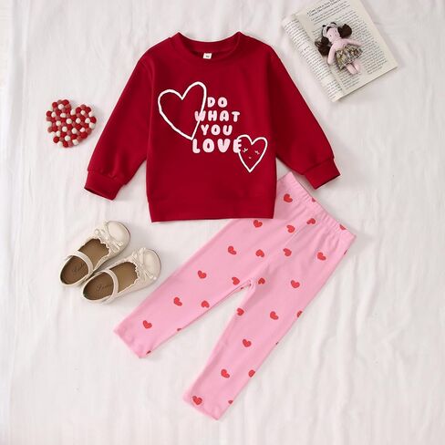 Toddler Baby Girl Valentine's Day Outfit Cute Love Heart Crewneck Sweatshirt Ribbed Pants 2Pcs Set Spring Clothes in Saudi Arabia