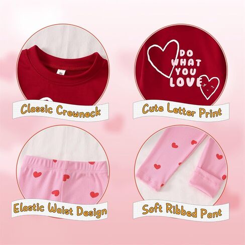 Toddler Baby Girl Valentine's Day Outfit Cute Love Heart Crewneck Sweatshirt Ribbed Pants 2Pcs Set Spring Clothes in Saudi Arabia