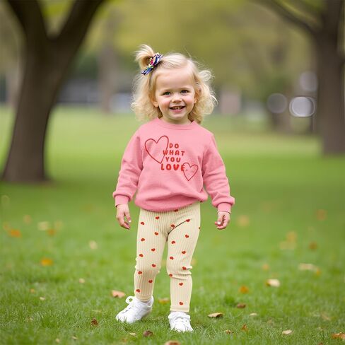 Toddler Baby Girl Valentine's Day Outfit Cute Love Heart Crewneck Sweatshirt Ribbed Pants 2Pcs Set Spring Clothes in Kuwait