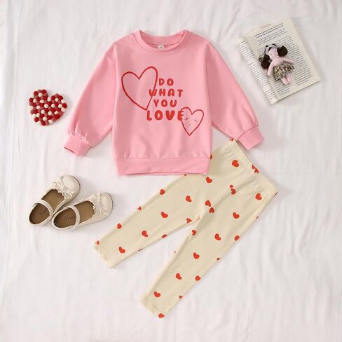 Toddler Baby Girl Valentine's Day Outfit Cute Love Heart Crewneck Sweatshirt Ribbed Pants 2Pcs Set Spring Clothes in Kuwait