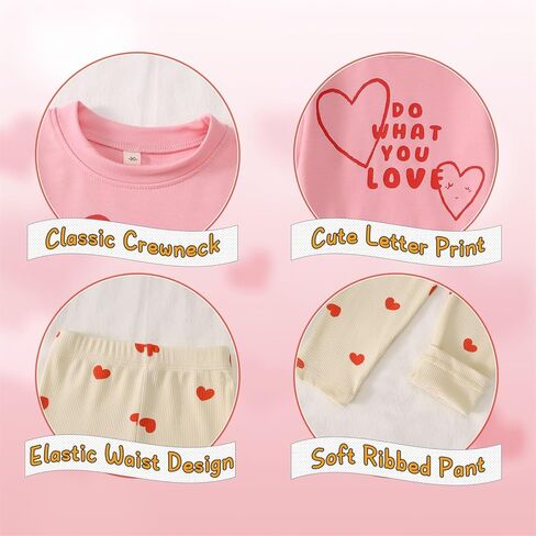 Toddler Baby Girl Valentine's Day Outfit Cute Love Heart Crewneck Sweatshirt Ribbed Pants 2Pcs Set Spring Clothes in Kuwait