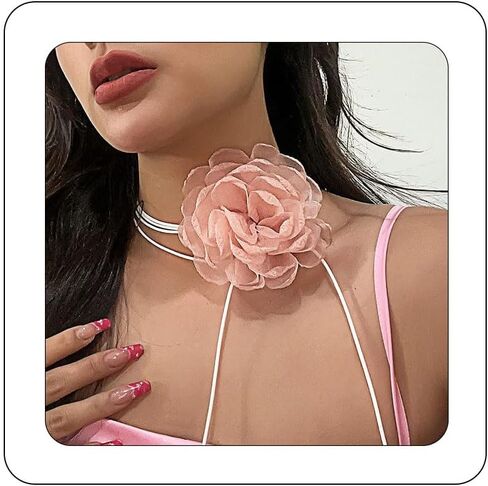 BETHYNAS Vintage Flower Velvet Choker Necklace Gothic Large Lace Rose Neck Chain Long Wrap Collar Tie Floral Women Neck Accessories Bridal Party Jewelry for Women Girls (Style 1-Pink) in Kuwait