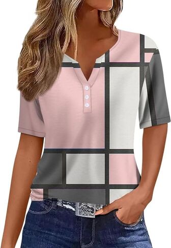 Womens Short Sleeve Summer Tops Casual V Neck Button Down Shirts Loose Fitted Boho Graphic Tees Fashion Ladies Tops in Saudi Arabia