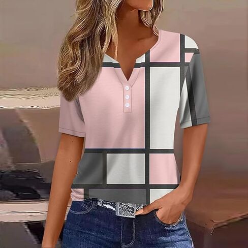 Womens Short Sleeve Summer Tops Casual V Neck Button Down Shirts Loose Fitted Boho Graphic Tees Fashion Ladies Tops in Saudi Arabia